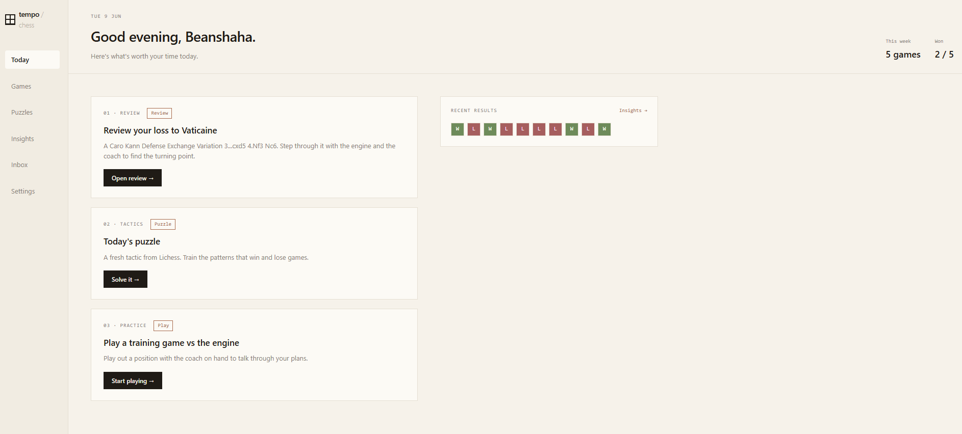tempo daily dashboard with review, puzzle and practice cards